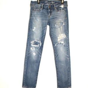 American Eagle Womens distressed stretch skinny denim blue jeans 8R pockets logo